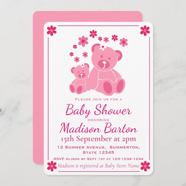 Rosa Nalle Cute Girl Baby Shower Inbjudningar (Fram/baksida)