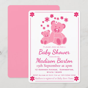 Rosa Nalle Cute Girl Baby Shower Inbjudningar