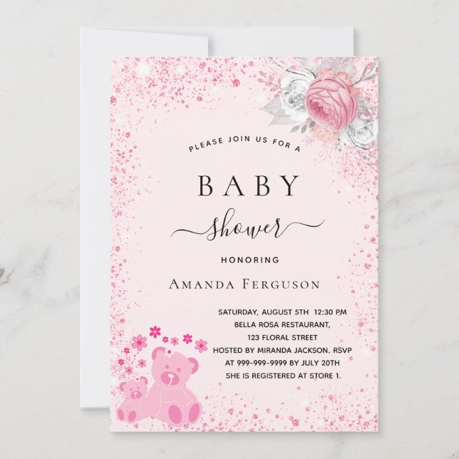 Rosa nalle Flicka glitter blommigt Baby Shower Inbjudningar (Framsida)