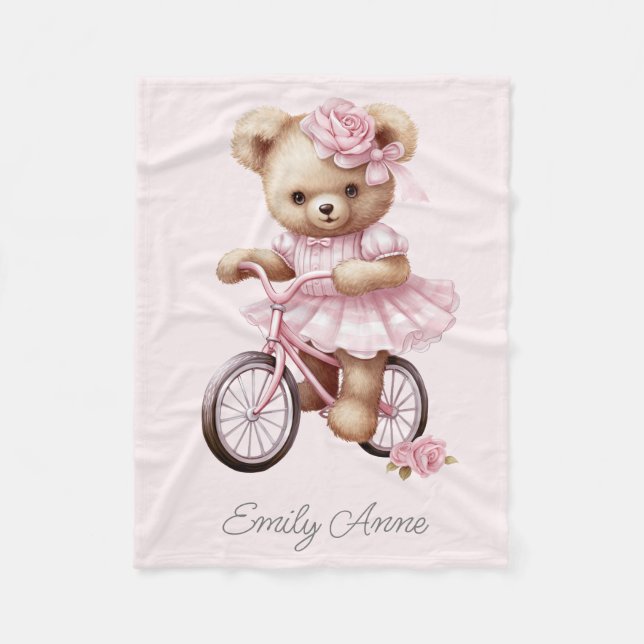 Rosa Nalle Flowers Bicycle Child's Namn Fleecefilt (Framsidan)