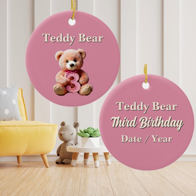 Rosa Nalle för 3:e födelsedag Julgransprydnad Keramik (Preschool girl toddler 3rd birthday keepsake cute pink teddy bear ornament third birthday name date)