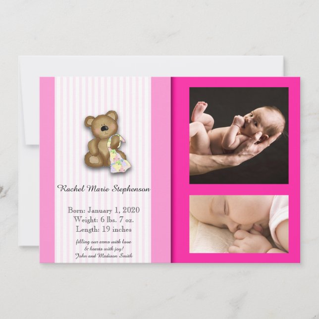 Rosa Nalle Foto Baby avisering Inbjudningar (Framsida)