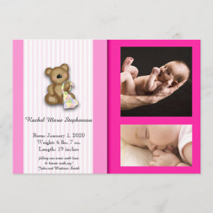 Rosa Nalle Foto Baby avisering Inbjudningar