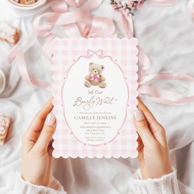 Rosa Nalle Gingham Baby Shower-inbjudan Inbjudningar (Pink Teddy Bear Girl Baby Shower Invitation)