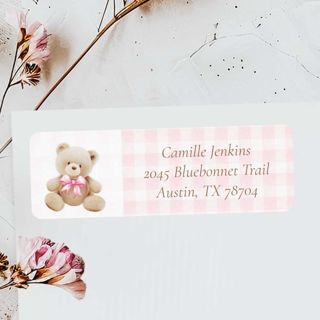 Rosa Nalle Girl Baby Shower Address Label Returadress Etikett (Teddy Bear Pink Gingham Return Address Label)