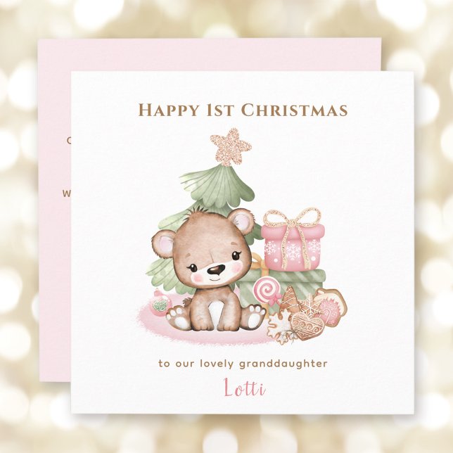 Rosa Nalle Girl First jul Card Kort (Pink Teddy Bear Girl First Christmas Card)