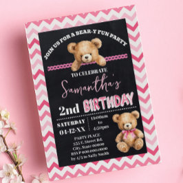 Rosa Nalle Little Bear Birthday Rosa Chevron Inbjudningar