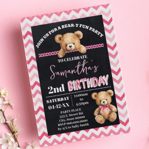 Rosa Nalle Little Bear Birthday Rosa Chevron Inbjudningar