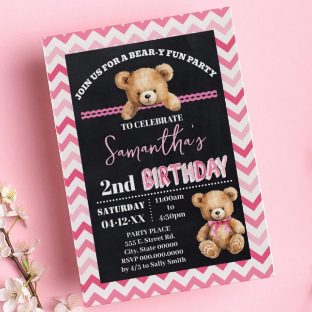 Rosa Nalle Little Bear Birthday Rosa Chevron Inbjudningar (Skapare uppladdad)