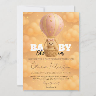 Rosa Nalle Luftballong Girly Baby Shower Inbjudningar