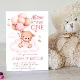 Rosa nalle med ballonger på moln inbjudningar