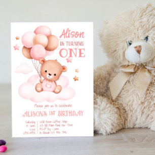 Rosa nalle med ballonger på moln inbjudningar