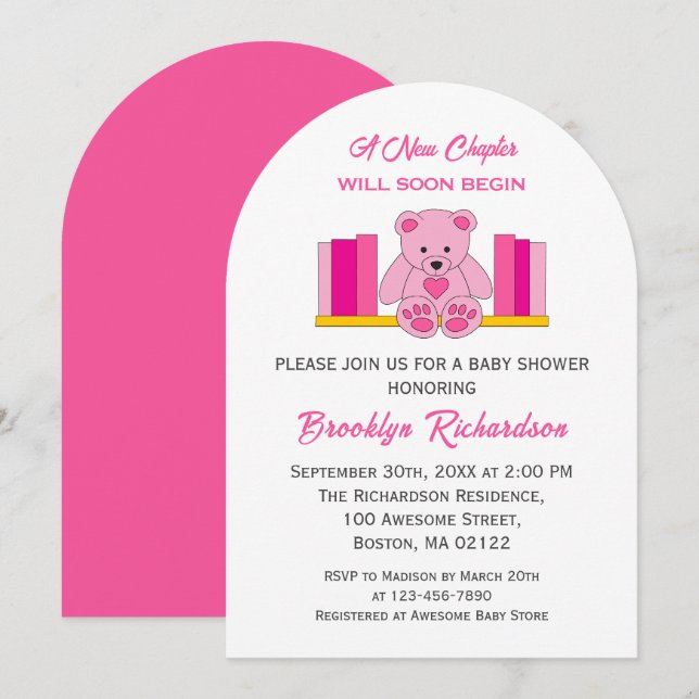 Rosa Nalle Nytt kapitel Storybook Baby Shower Inbjudningar (Fram/baksida)