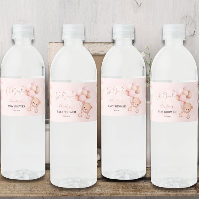 Rosa Nalle Oh Girl Balloon Baby Shower Vattenflaskor Etikett (Skapare uppladdad)
