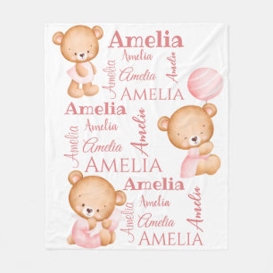 Rosa nalle personlig Flickor namn baby bla Fleecefilt