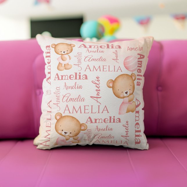 Rosa nalle personlig flickor namn baby kudde (Pink teddy bears personalized girls name collage baby throw pillow baby gifts baby shower gifts)