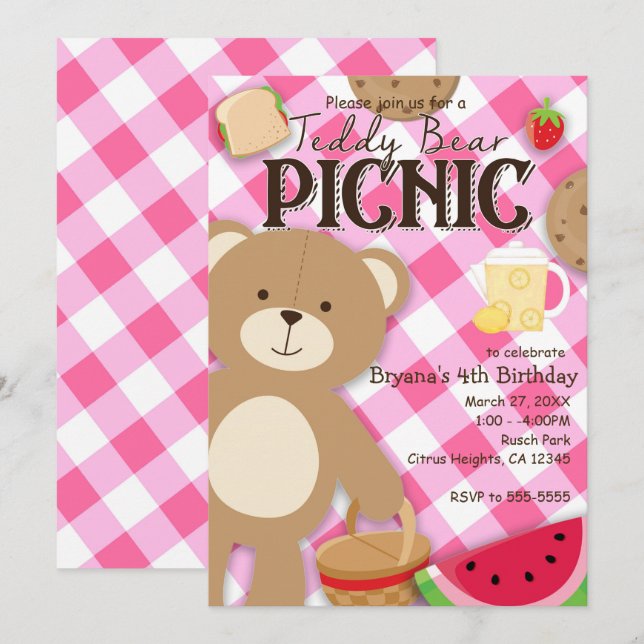 Rosa Nalle Picnic Födelsedagsfest inbjudan (Fram/baksida)