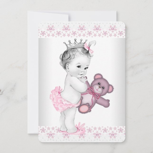 Rosa Nalle Princess Baby Shower Inbjudningar (Framsida)