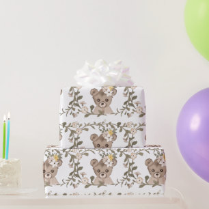 Rosa Nalle Rosa & Gula blommor White Presentpapper