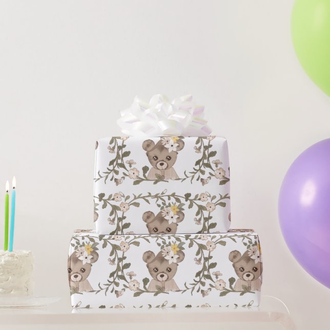 Rosa Nalle Rosa & Gula blommor White Presentpapper (Festgåvor)
