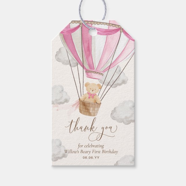 Rosa Nalle Tack Beary First Birthday Presentetikett (Framsidan)