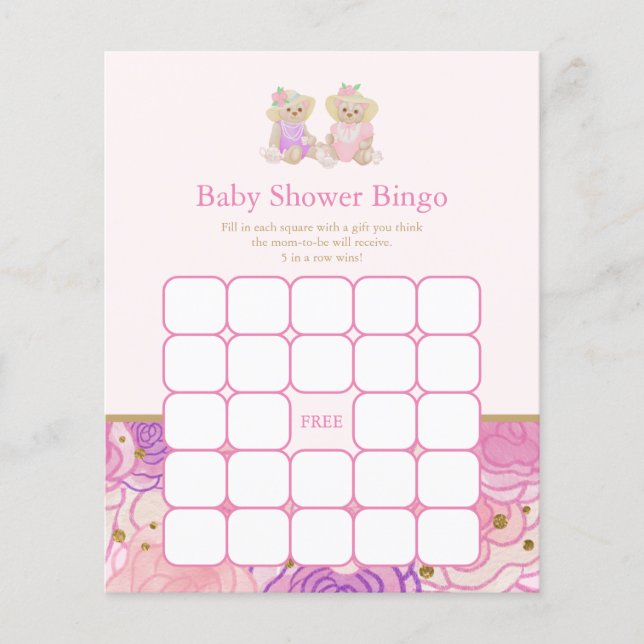 Rosa Nalle Tea Party Baby Shower Bingo Game (Framsida)