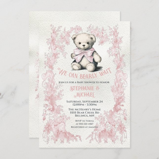 Rosa Nalle Toile vattencolor babydusch Inbjudningar (Fram/baksida)