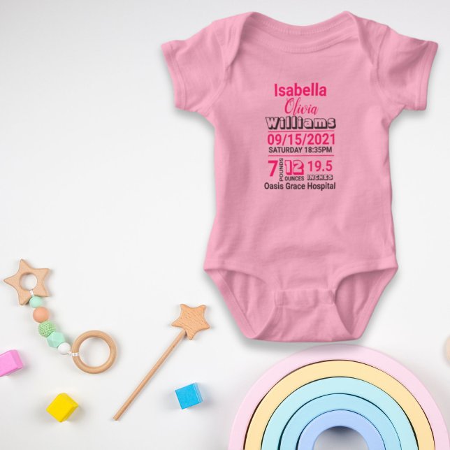 rosa-namn-baby-födelsetal t shirt (pink family name baby birth stats announcement baby bodysuit)
