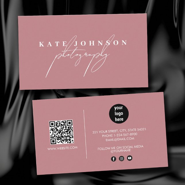  Rosa Namnteckning skript QR-kod Social Media Visitkort (Blush Pink Signature Script QR Code Social Media Business Card)