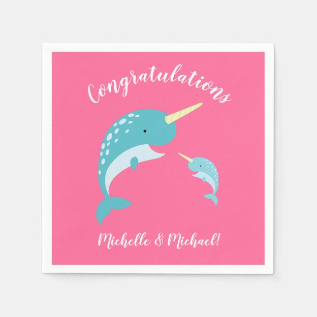 Rosa Narwhal Baby Shower Pappersservett (Framsidan)