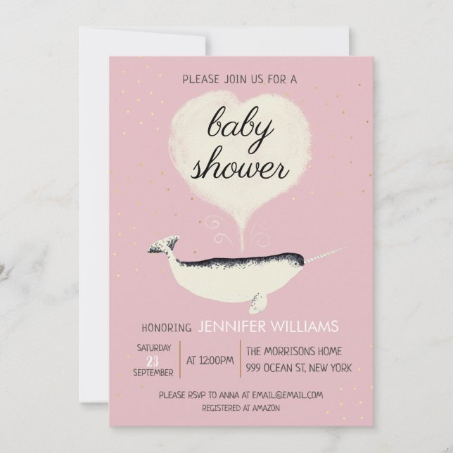 Rosa Narwhal Whale Girl Baby Shower-inbjudan Inbjudningar (Framsida)