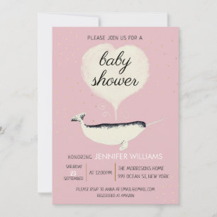Rosa Narwhal Whale Girl Baby Shower-inbjudan Inbjudningar