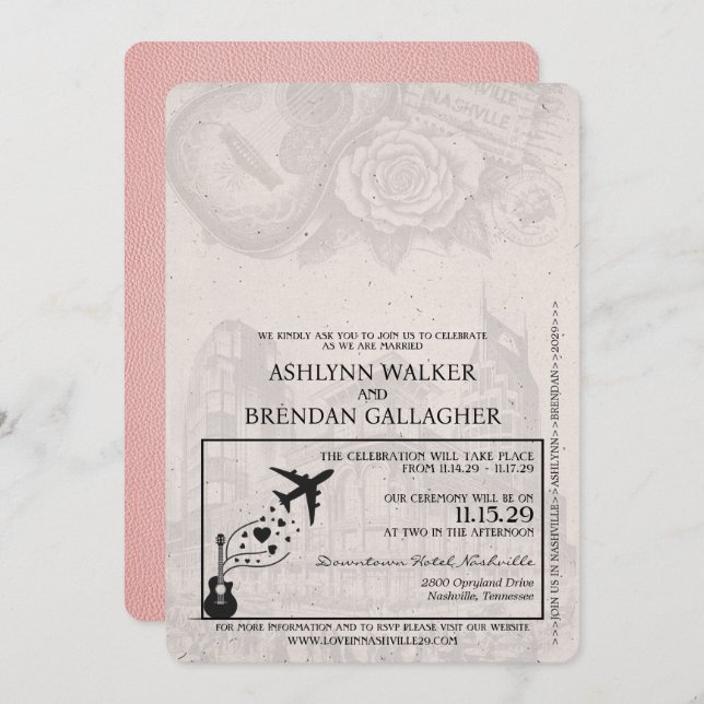 Rosa Nashvilles inbjudan till passbröllop (Fram/baksida)