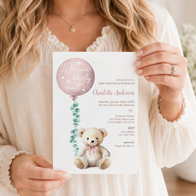 Rosa Nästan Väntar Eukalyptus Baby Shower Inbjudan (We can bearly wait baby shower invite)