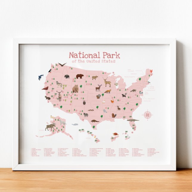 Rosa National Park Karta Woodland Nursery Skriv ut Poster (Pink National Park Map Woodland Nursery Print)