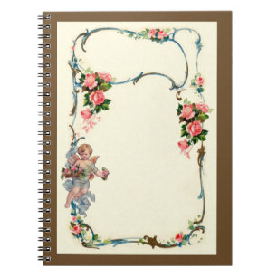 Rosa nätt vintage & Cherubgränsdekoration Anteckningsbok Med Spiral