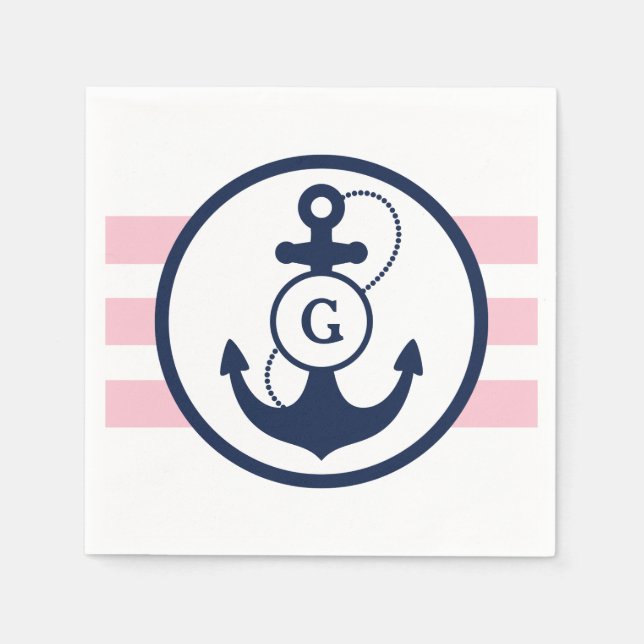 Rosa Nautical Anchor Monogram Pappersservett (Framsidan)