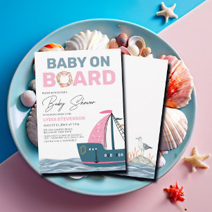 Rosa Nautical Baby på babyduschen ombord Inbjudningar