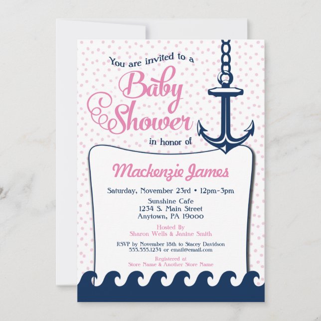 Rosa Nautical Baby Shower-inbjudan Retro Girl Inbjudningar (Framsida)