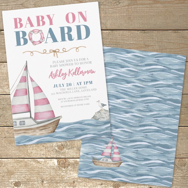 Rosa Nautical Baby Shower Inbjudningar (Sailboat Nautical Baby Shower Invitation)