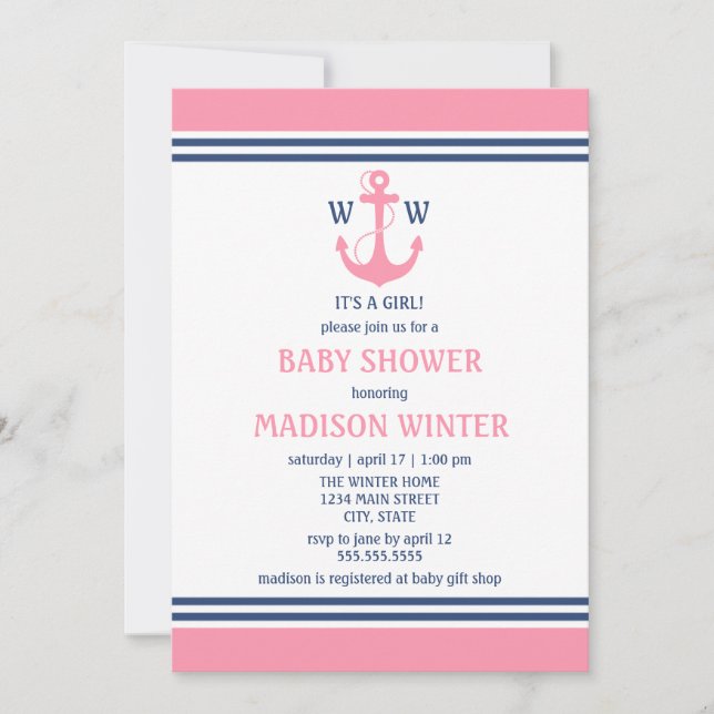 Rosa Nautical Baby Shower-inbjudningar Inbjudningar (Framsida)
