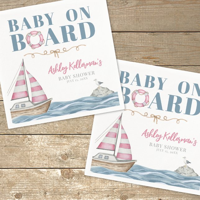 Rosa Nautical Baby Shower Pappersservett (Pink Nautical Baby Shower Napkins)
