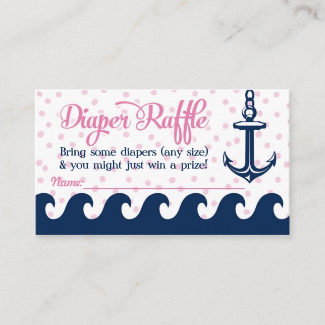 Rosa Nautical Diaper Raffle Cards Girl Baby Shower Tilläggskort (Framsida)