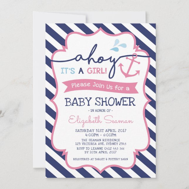 Rosa Nautical Girl Baby Shower-inbjudan Ahoy Inbjudningar (Framsida)