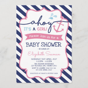 Rosa Nautical Girl Baby Shower-inbjudan Ahoy Inbjudningar