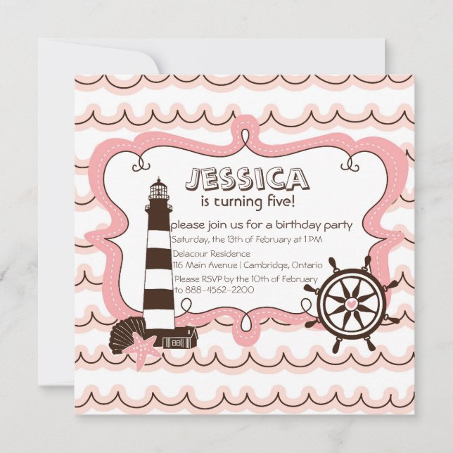 Rosa Nautical Lighthouse Birthday-inbjudan Inbjudningar (Framsida)