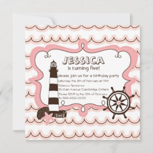 Rosa Nautical Lighthouse Birthday-inbjudan Inbjudningar