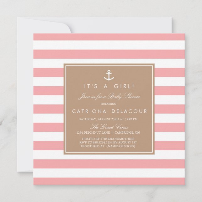 Rosa Nautical Rand Baby Shower-inbjudan Inbjudningar (Framsida)