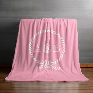 Rosa Nautical Rope och Anchor Monogrammed Fleecefilt