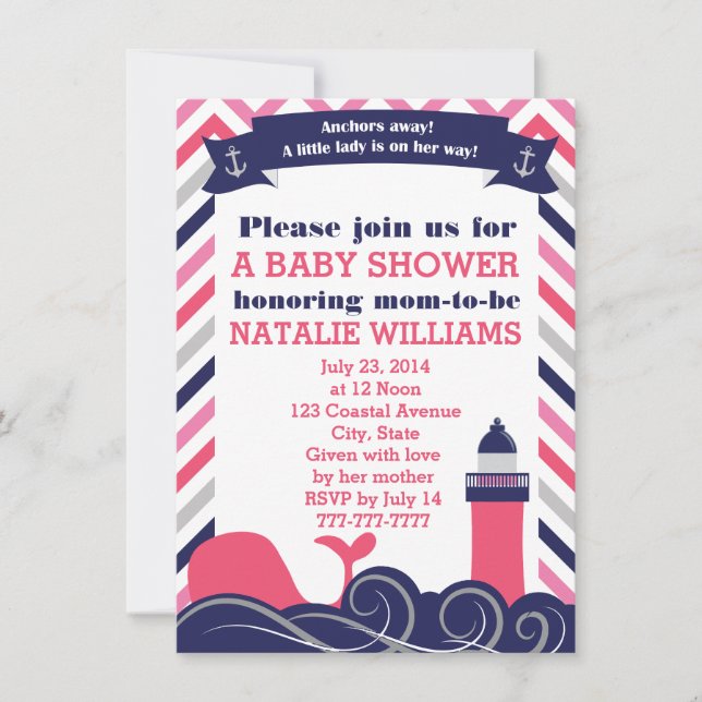 Rosa nautisk baby shower- eller stänkflicka inbjudningar (Framsida)